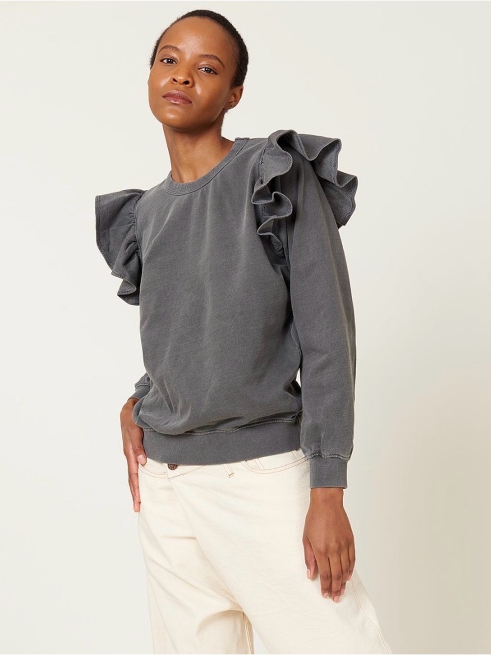 Clare V. Washed Gray Ruffle Sweatshirt - Picture 2 of 6